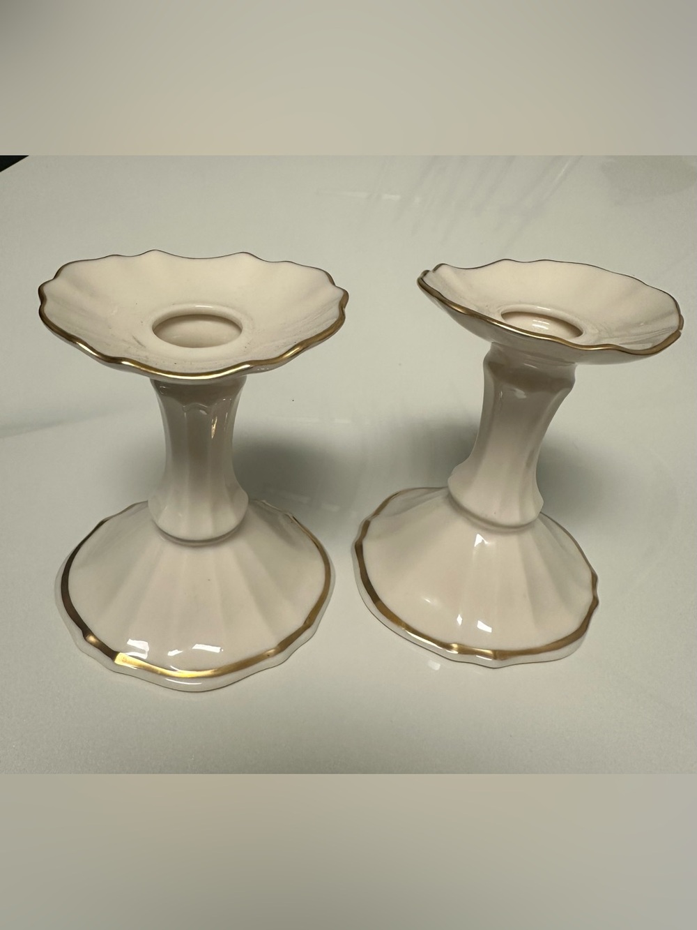 Lenox Cream Ceramic Candle Holders with Gold Trim - Pair